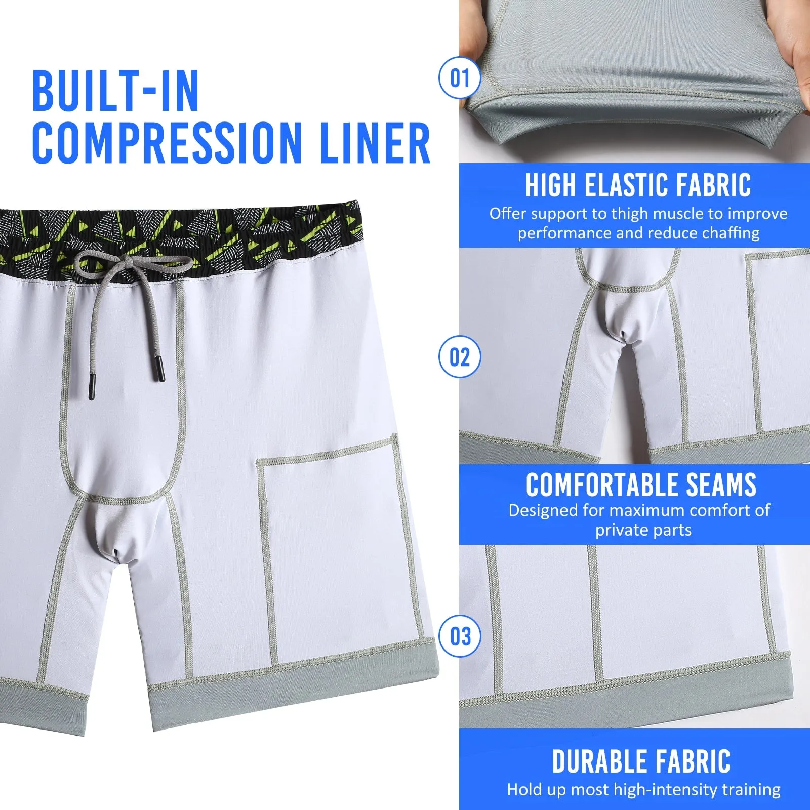 2 in 1 Stretch Long Lined Pyramid Black Gym Shorts