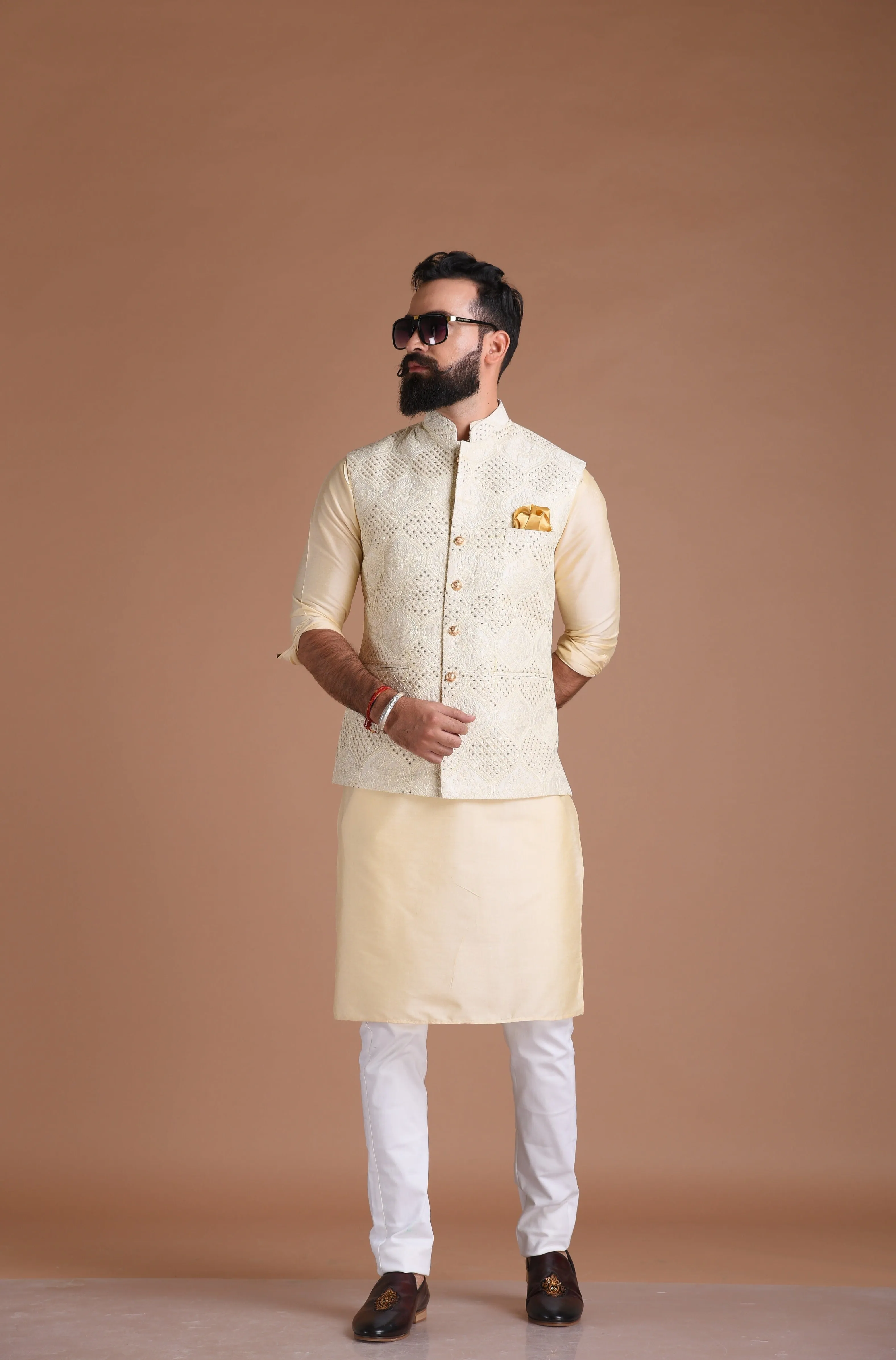 Alluring Lucknowi Chikankaari Embroidered Off-White Nehru Jacket with Silk Kurta Pajama | Groom Wear for Pre & Post Wedding Functions