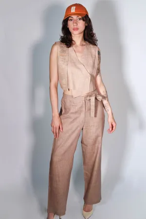 Beige Tie-Up Straight Trousers