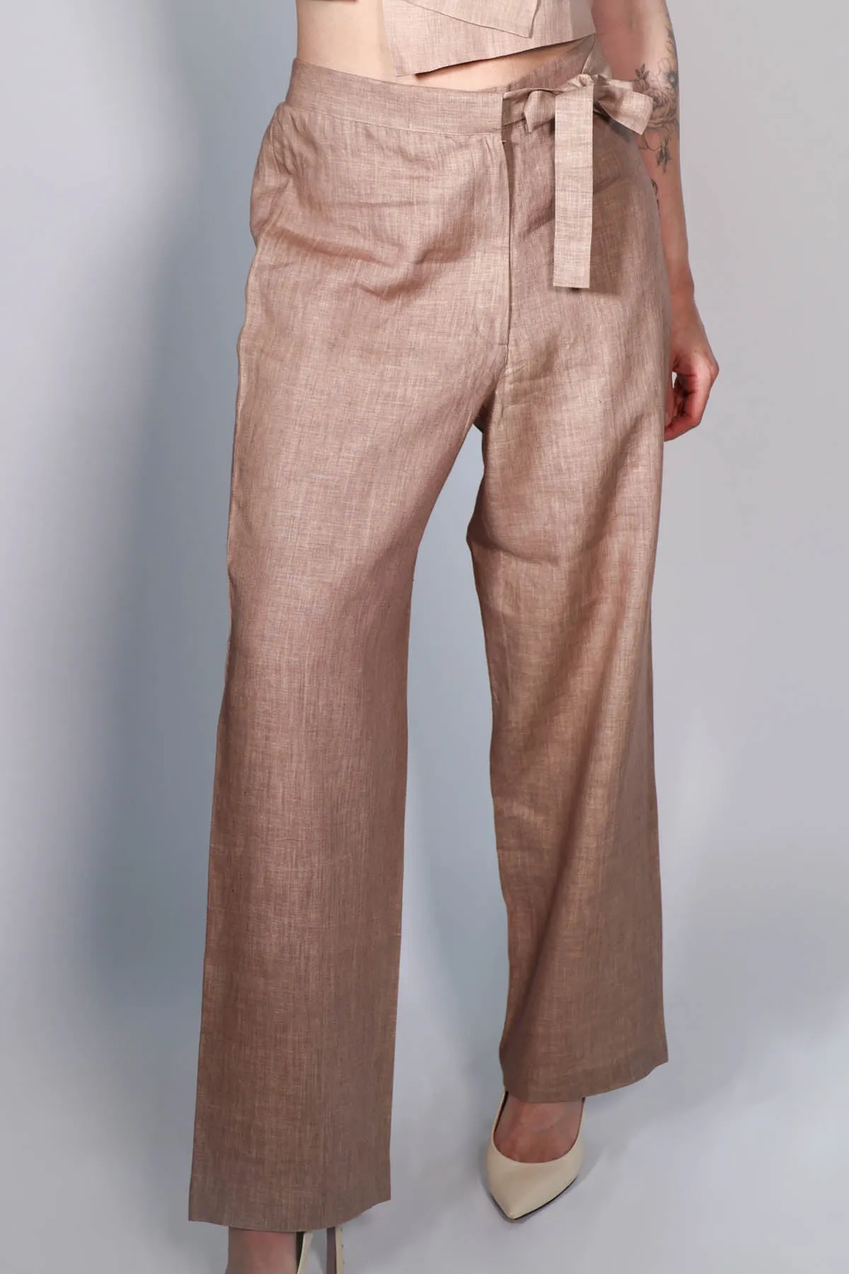 Beige Tie-Up Straight Trousers