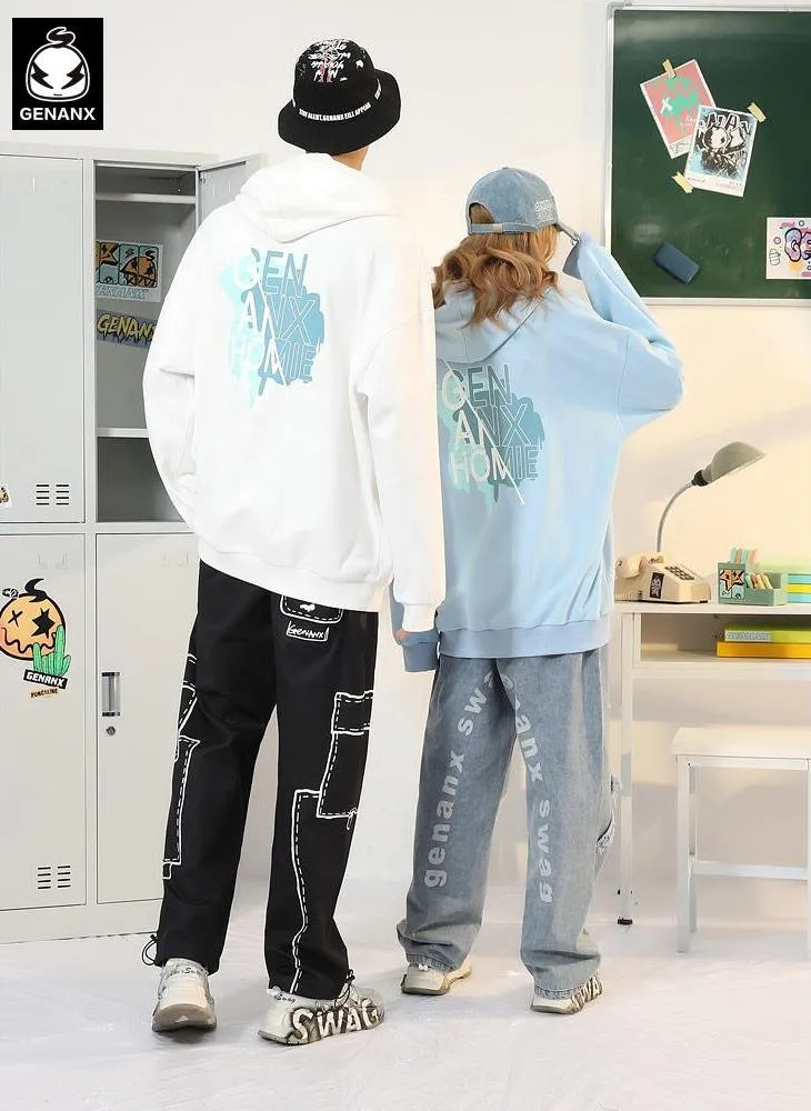 Chinese Style Print Drop-Shoulder Sleeve Hoodies