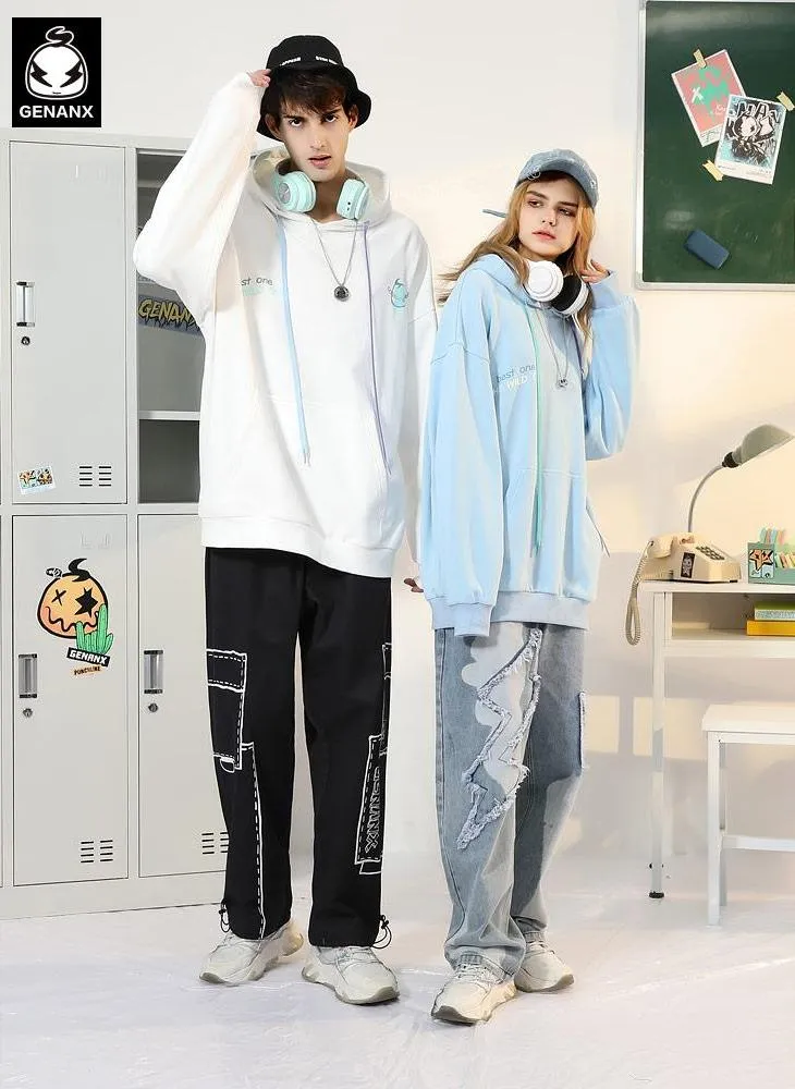 Chinese Style Print Drop-Shoulder Sleeve Hoodies