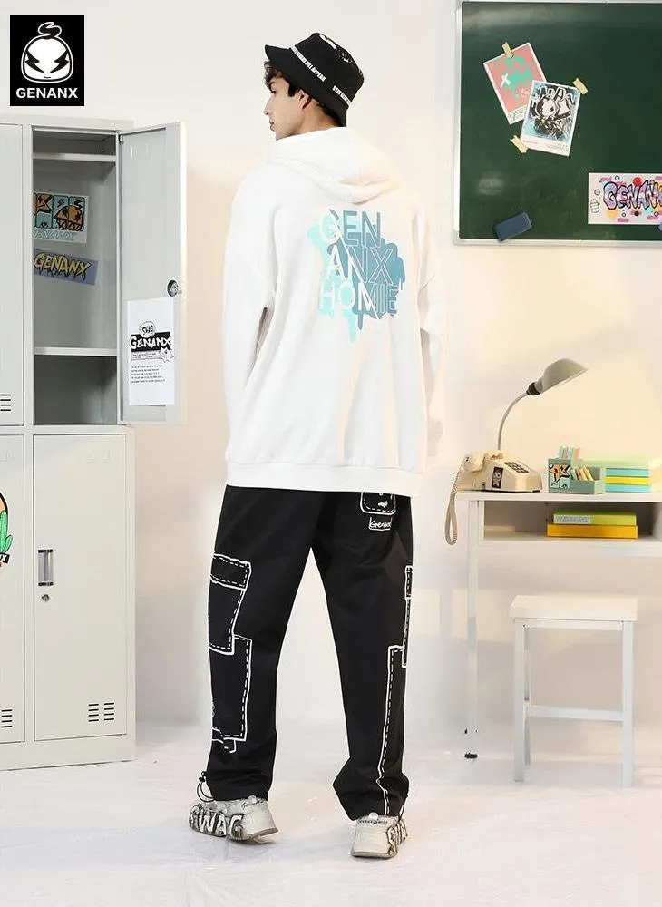 Chinese Style Print Drop-Shoulder Sleeve Hoodies