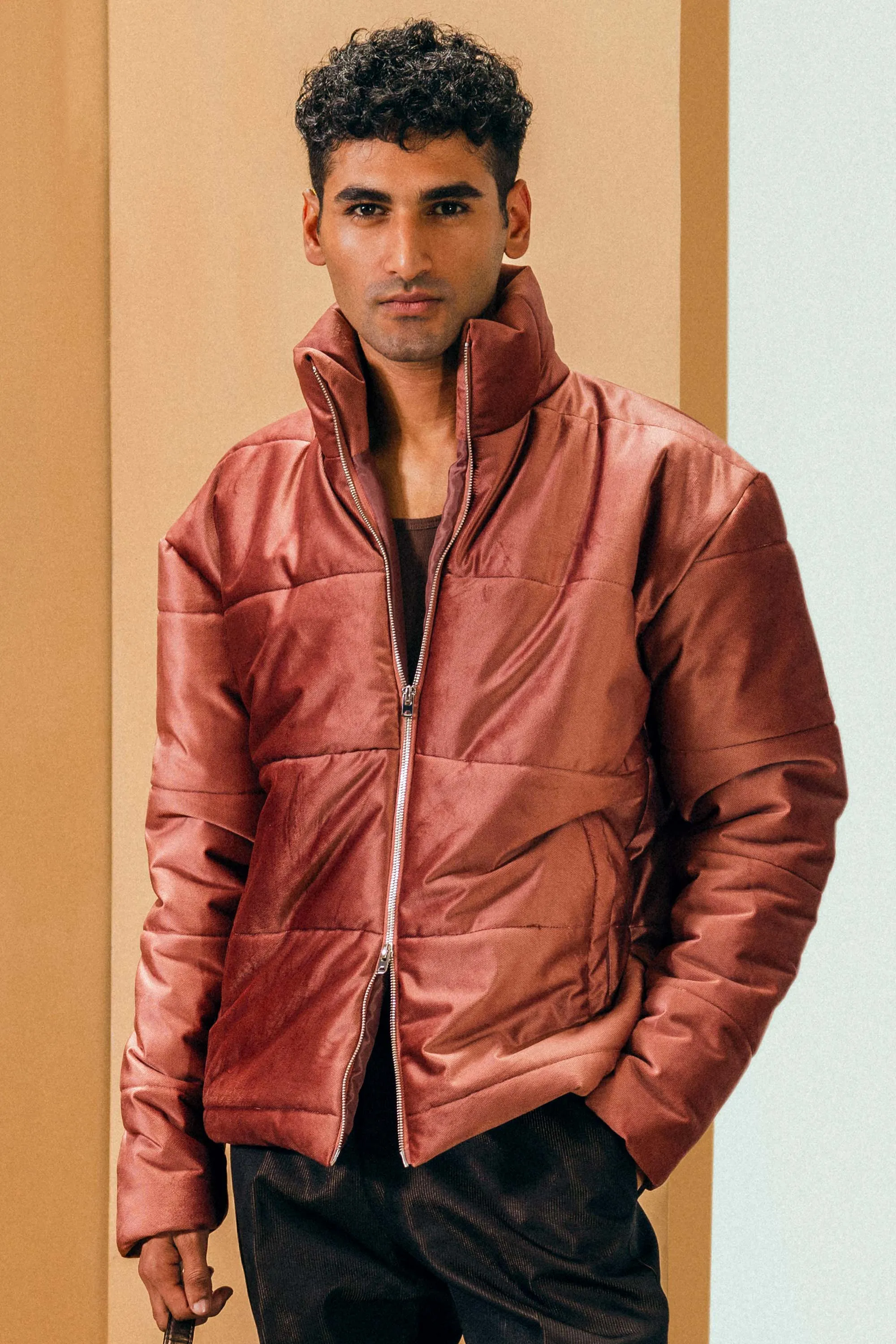 Deep Tea Pink Velvet Puffer Jacket
