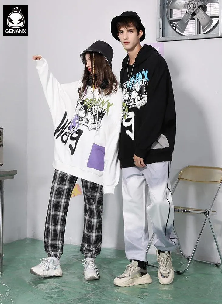 Graffiti Print Pocket Drop-Shoulder Sleeve Hoodies