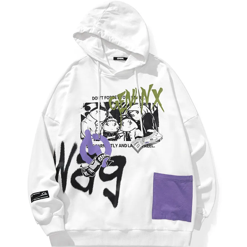 Graffiti Print Pocket Drop-Shoulder Sleeve Hoodies
