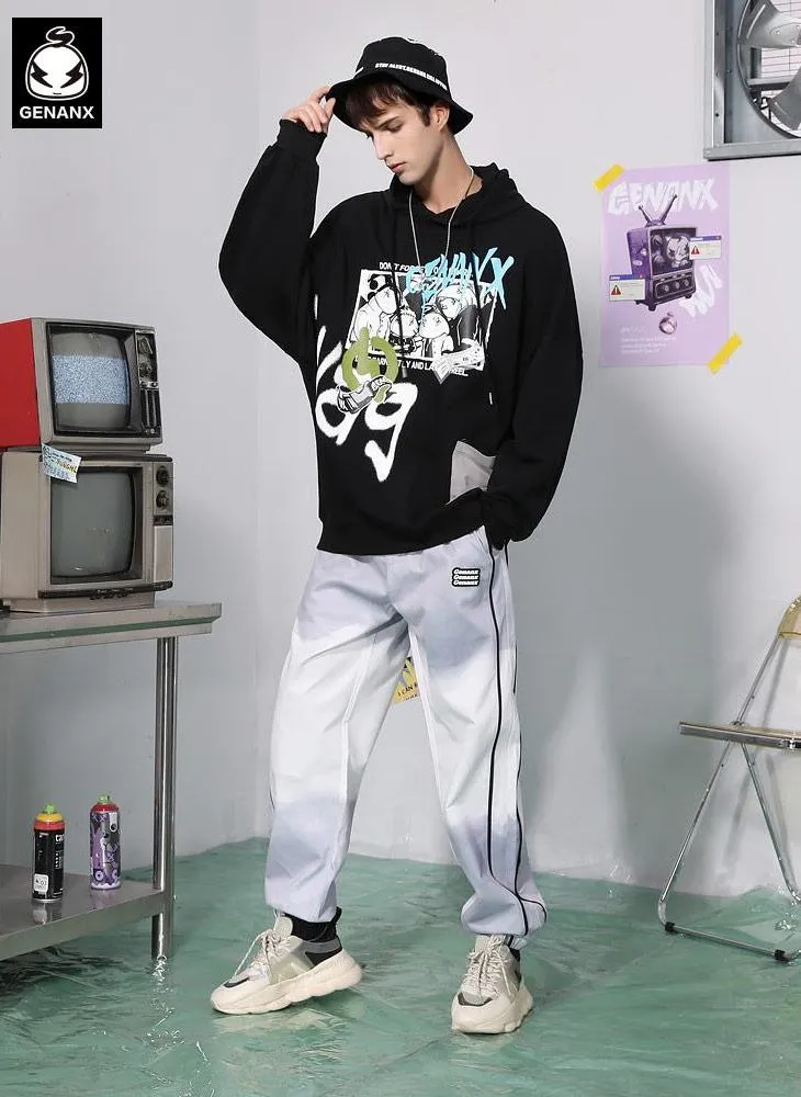 Graffiti Print Pocket Drop-Shoulder Sleeve Hoodies