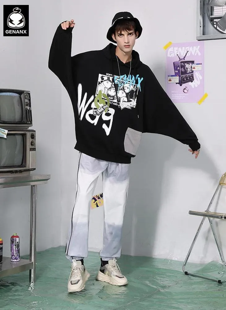 Graffiti Print Pocket Drop-Shoulder Sleeve Hoodies