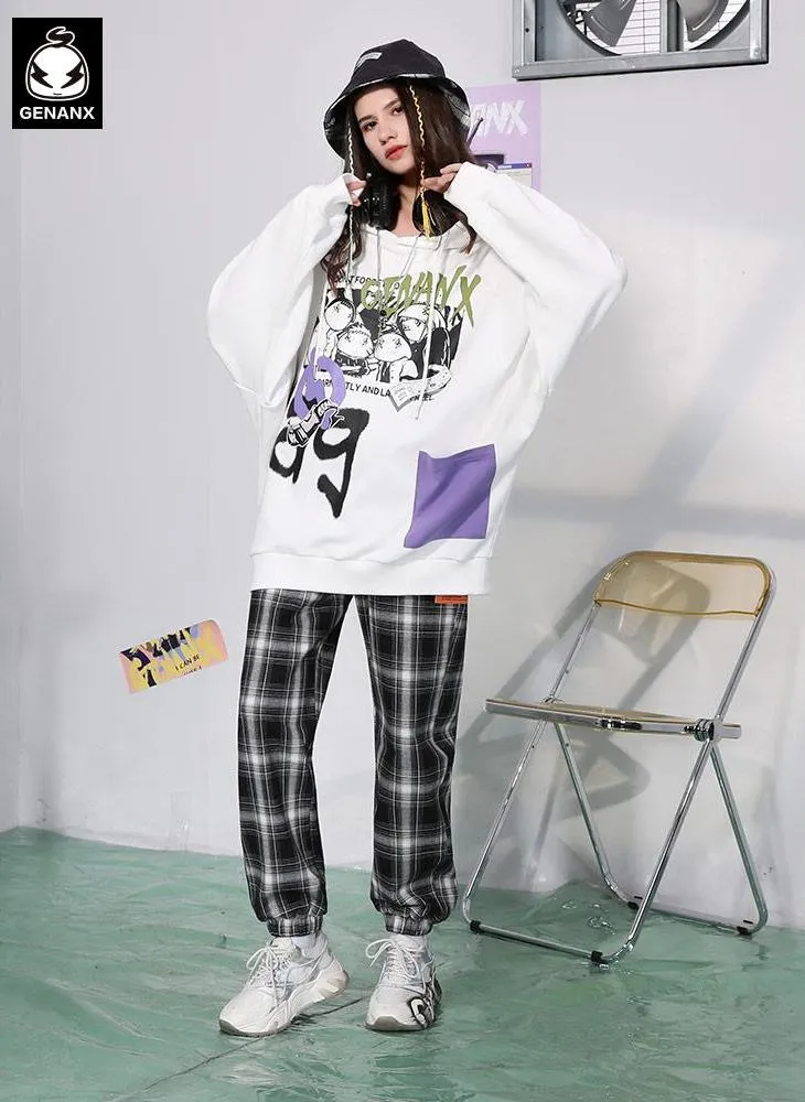Graffiti Print Pocket Drop-Shoulder Sleeve Hoodies