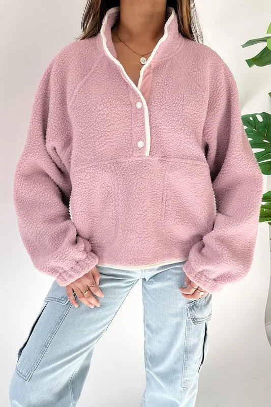 Half Button Zip Pocket Plush Sweatshirt