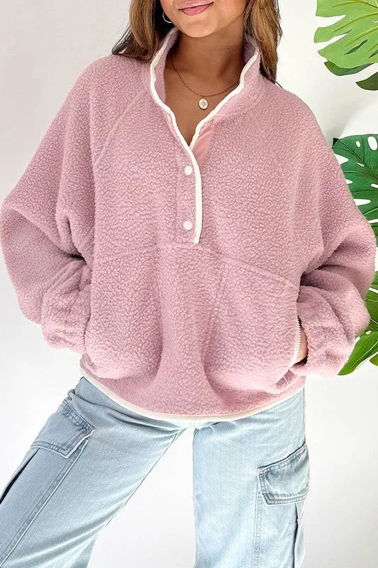 Half Button Zip Pocket Plush Sweatshirt