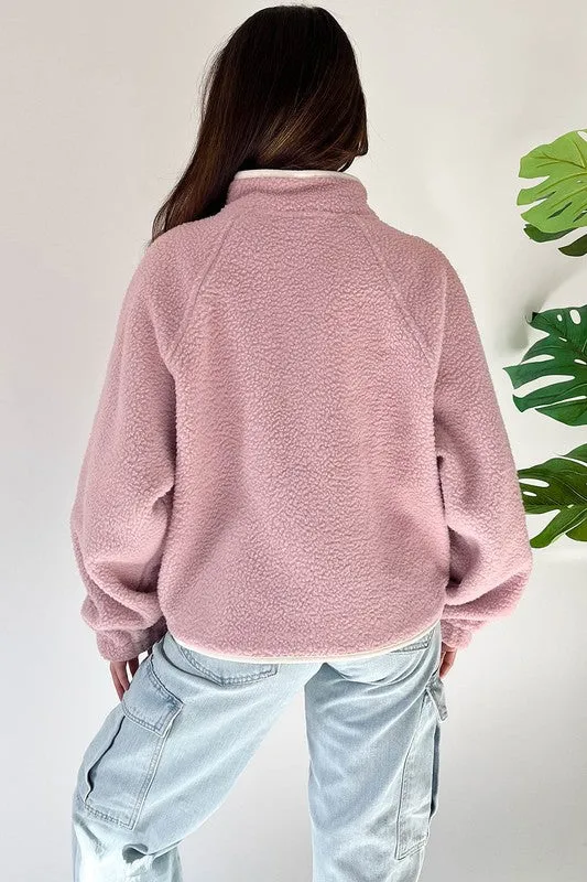 Half Button Zip Pocket Plush Sweatshirt