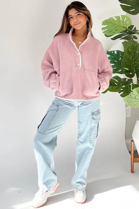 Half Button Zip Pocket Plush Sweatshirt