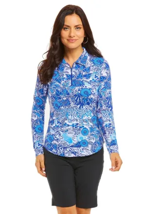 IBKUL Women's Bamboo Garden Print Long Sleeve Polo - 41749