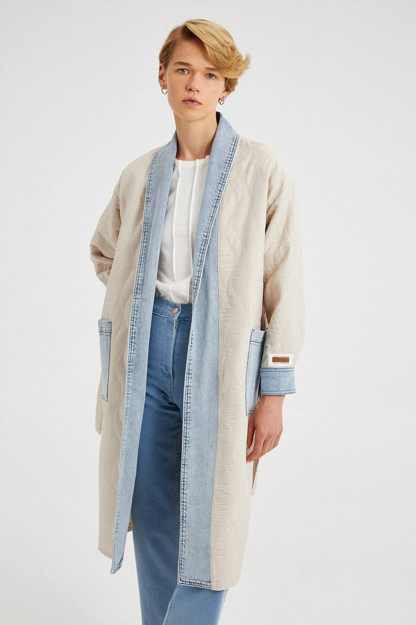 LONG QUILTED JACKET WITH DENIM DETAIL
