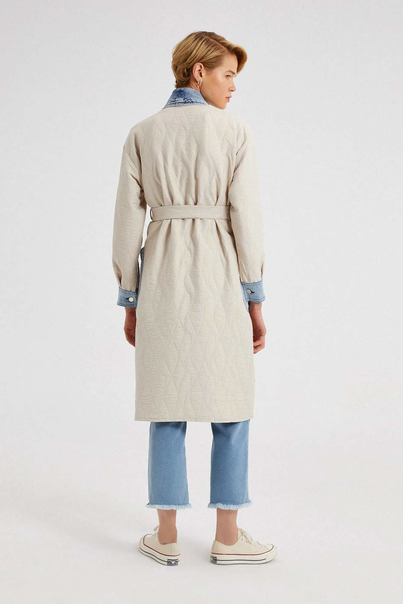 LONG QUILTED JACKET WITH DENIM DETAIL