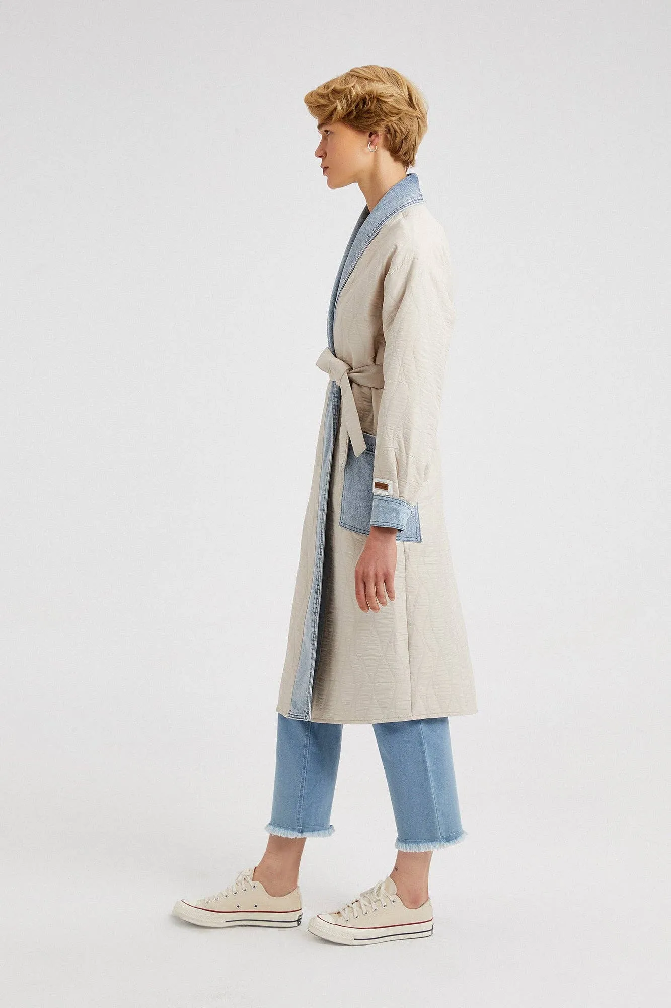 LONG QUILTED JACKET WITH DENIM DETAIL