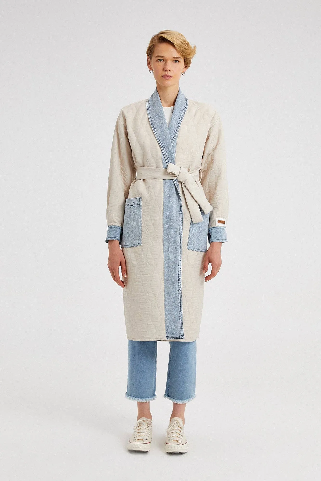 LONG QUILTED JACKET WITH DENIM DETAIL