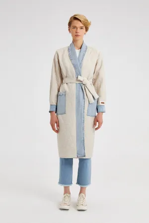 LONG QUILTED JACKET WITH DENIM DETAIL