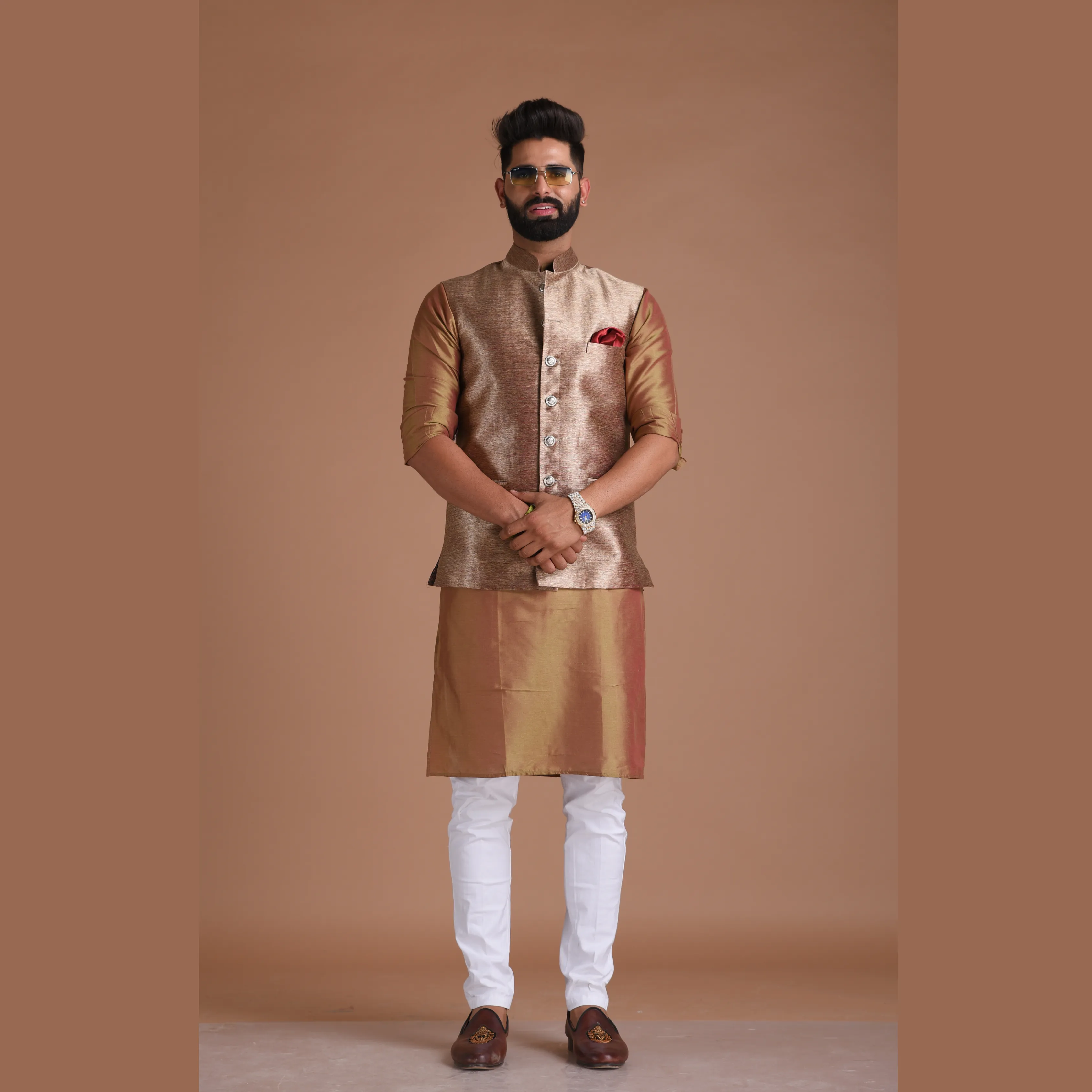 Maharaja Style Handmade Kim-Khab Half Jodhpuri Jacket With Kurta-Pajama