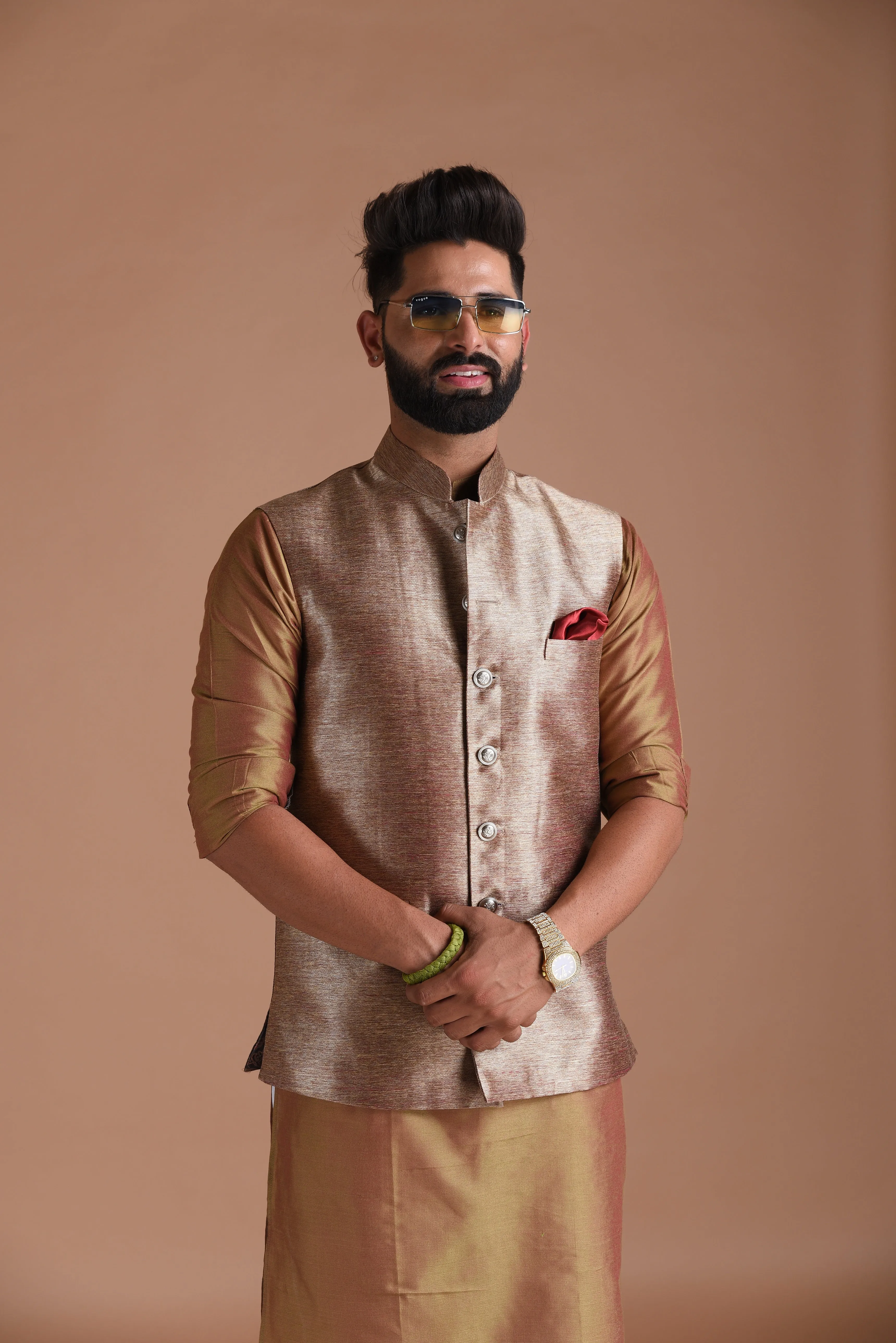 Maharaja Style Handmade Kim-Khab Half Jodhpuri Jacket With Kurta-Pajama