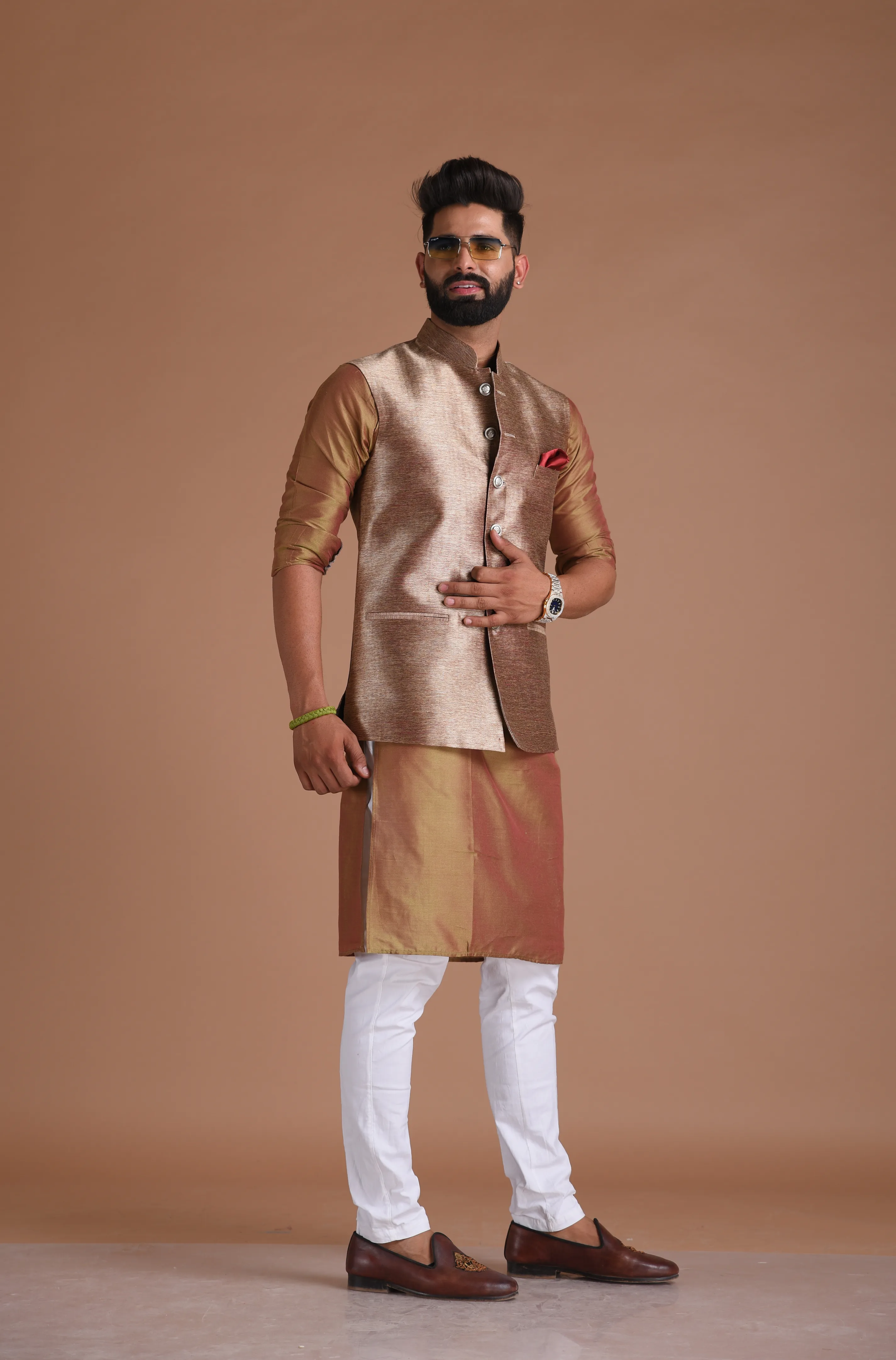 Maharaja Style Handmade Kim-Khab Half Jodhpuri Jacket With Kurta-Pajama