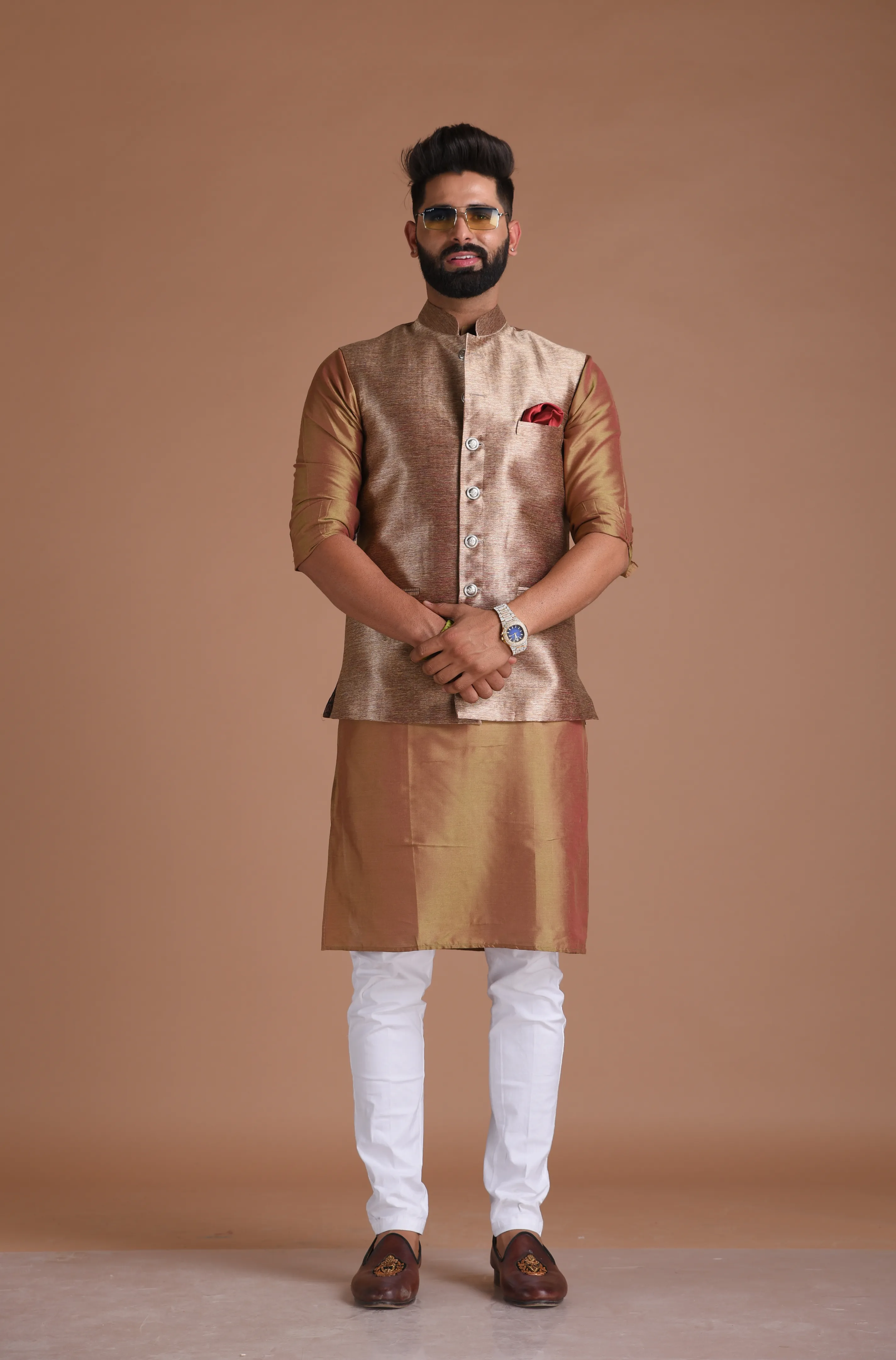 Maharaja Style Handmade Kim-Khab Half Jodhpuri Jacket With Kurta-Pajama