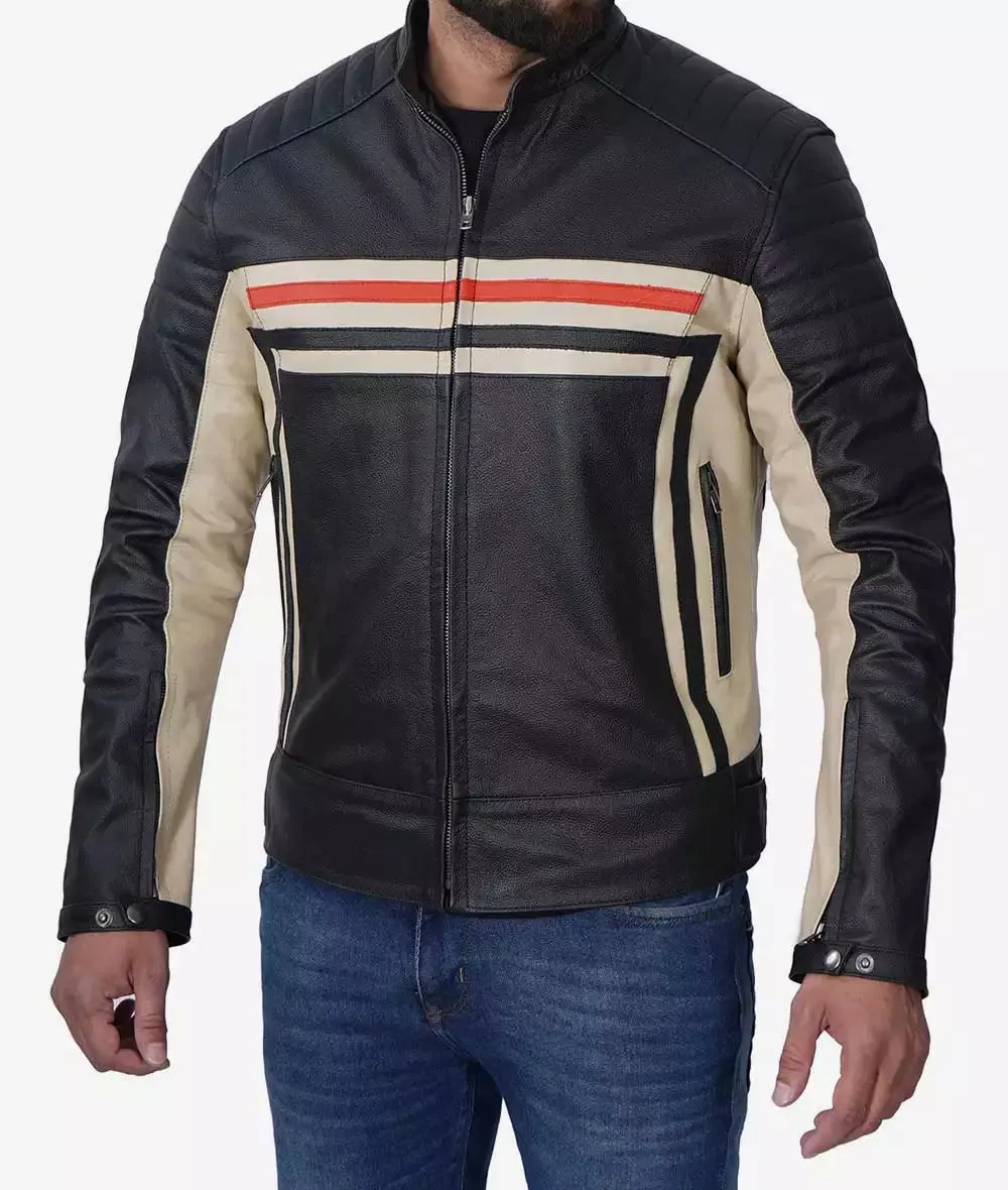 Mens Black Cafe Racer Style Leather Jacket