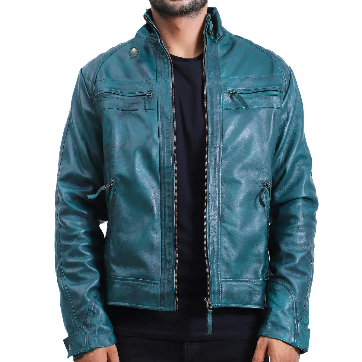 Mens Quilted Green Cafe Racer Leather Jacket