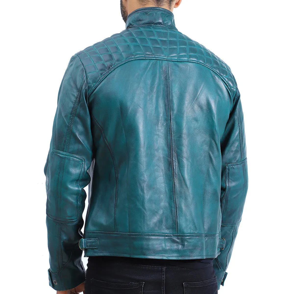 Mens Quilted Green Cafe Racer Leather Jacket