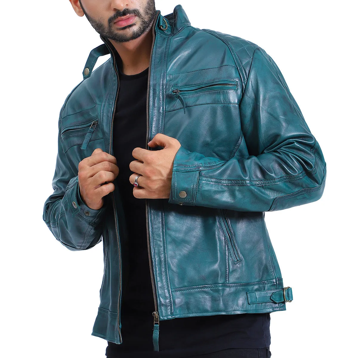 Mens Quilted Green Cafe Racer Leather Jacket