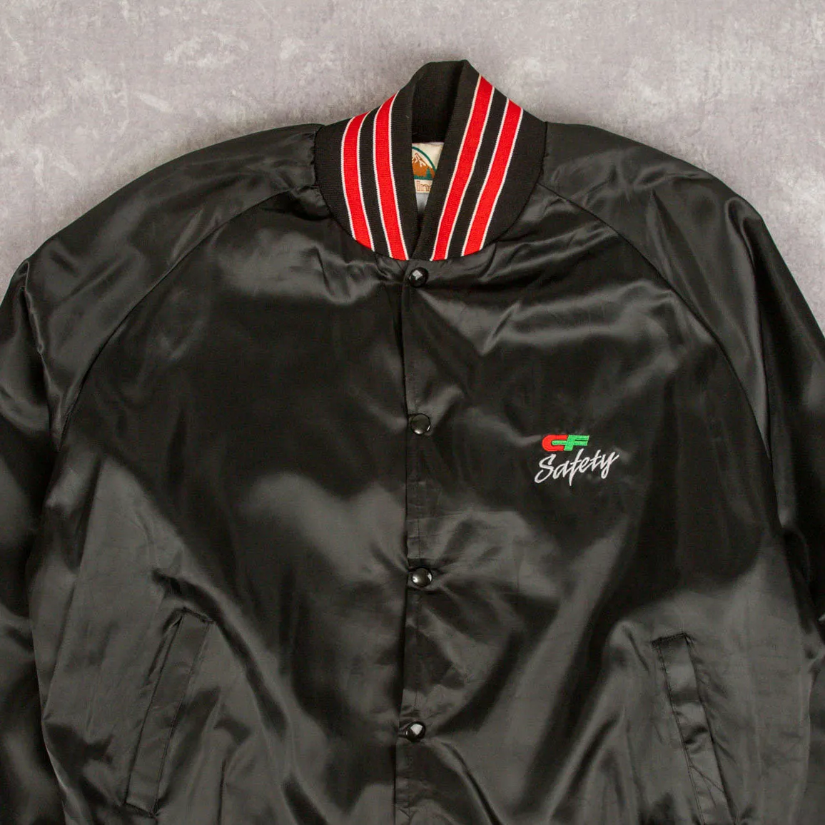 MEN'S VINTAGE 1980S CF SAFETY VARSITY BOMBER JACKET - LARGE