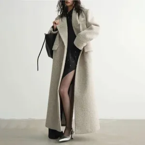 Quiet Luxury Lapel Double Breasted Strong Shoulder Long Boucle Woolen Coat