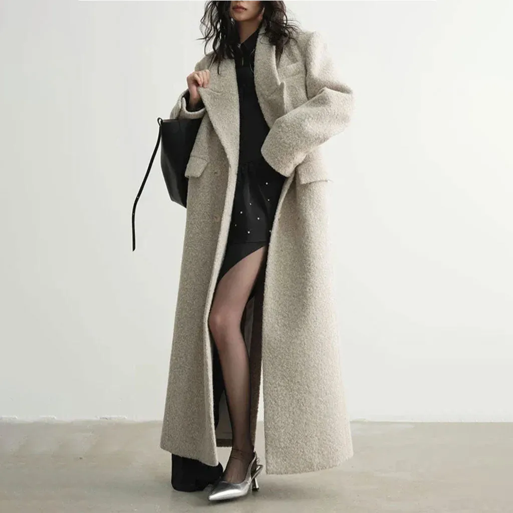 Quiet Luxury Lapel Double Breasted Strong Shoulder Long Boucle Woolen Coat