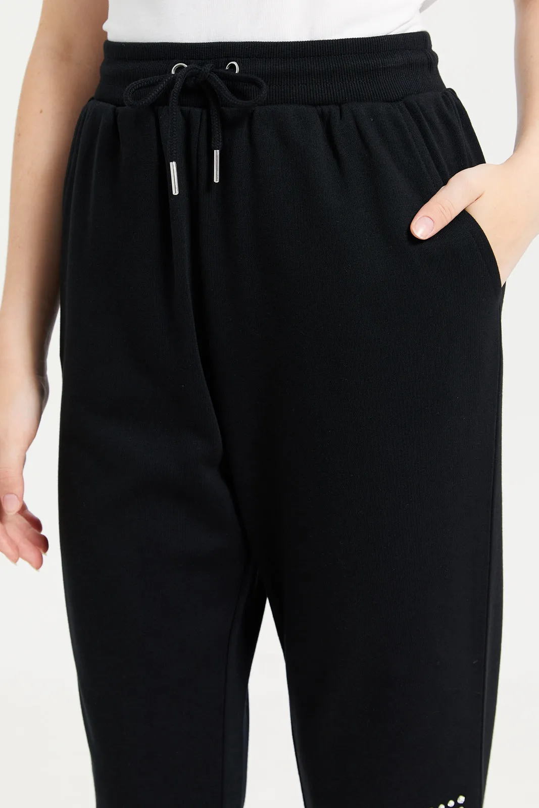 Senior Girls Black Embellished Track Pants