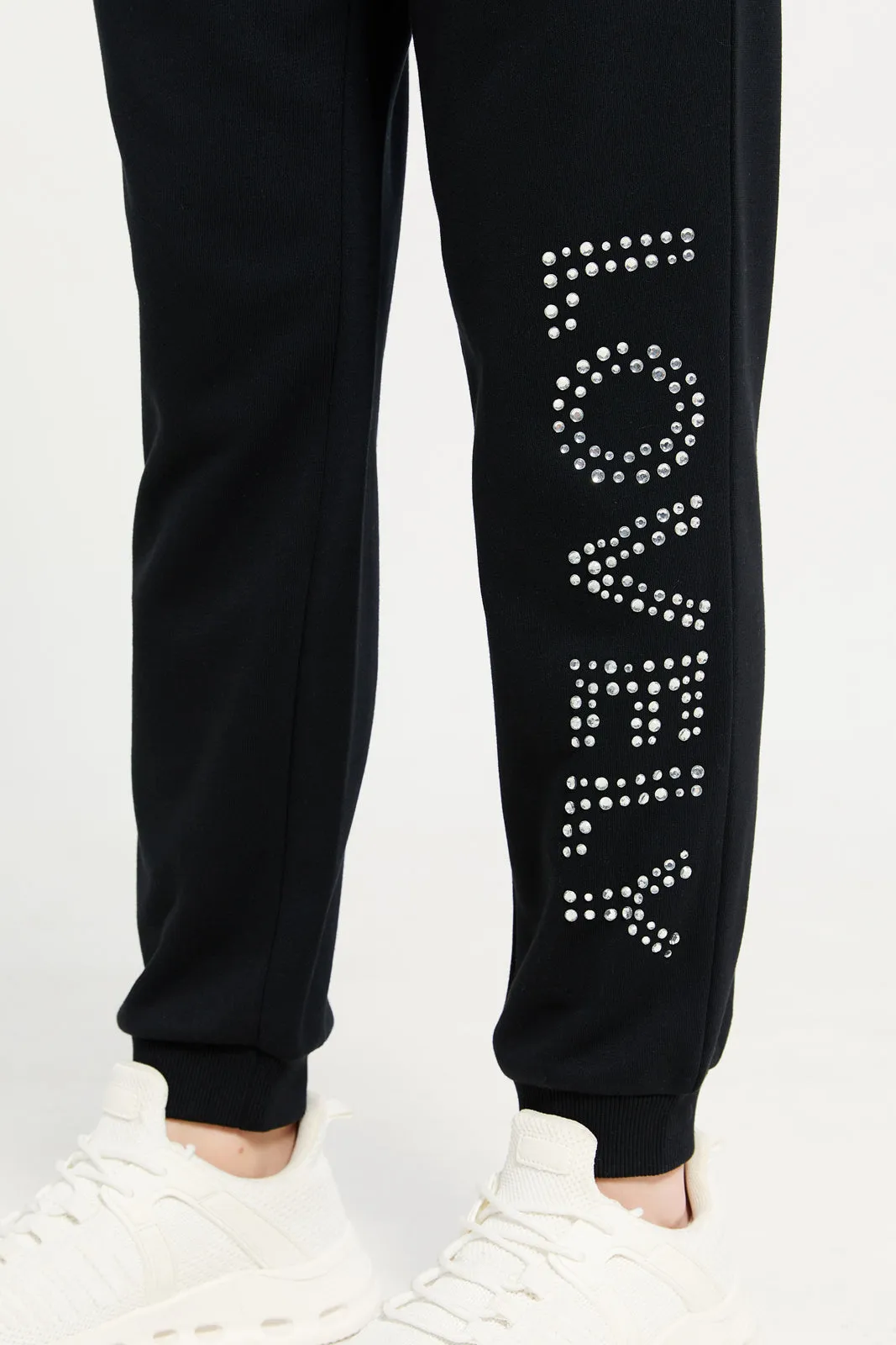 Senior Girls Black Embellished Track Pants