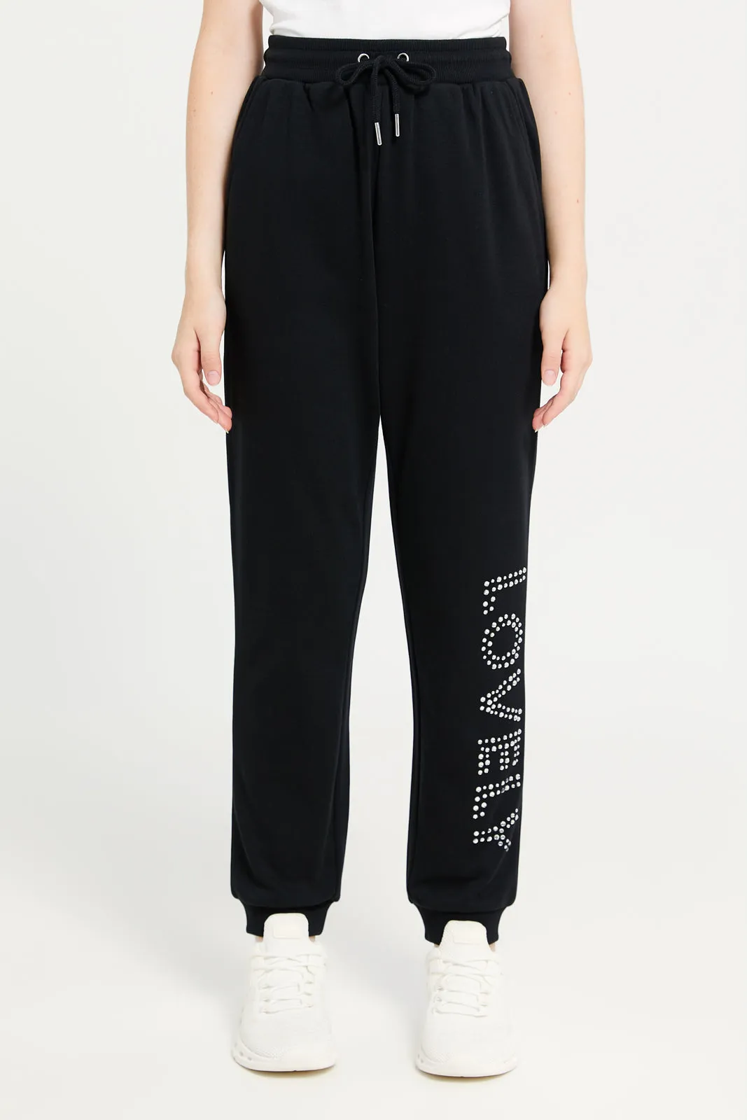 Senior Girls Black Embellished Track Pants