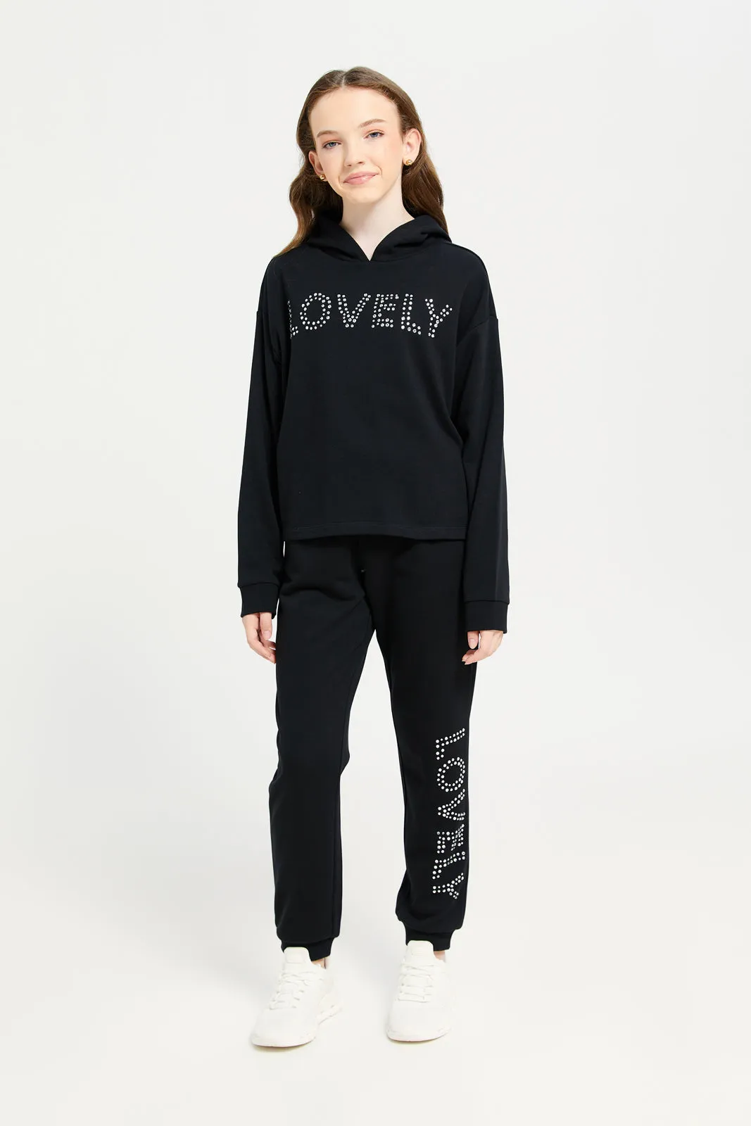 Senior Girls Black Embellished Track Pants