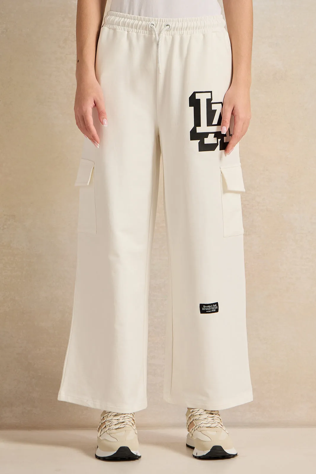 Senior Girls White Printed Cargo Pocket Wide Leg Pants