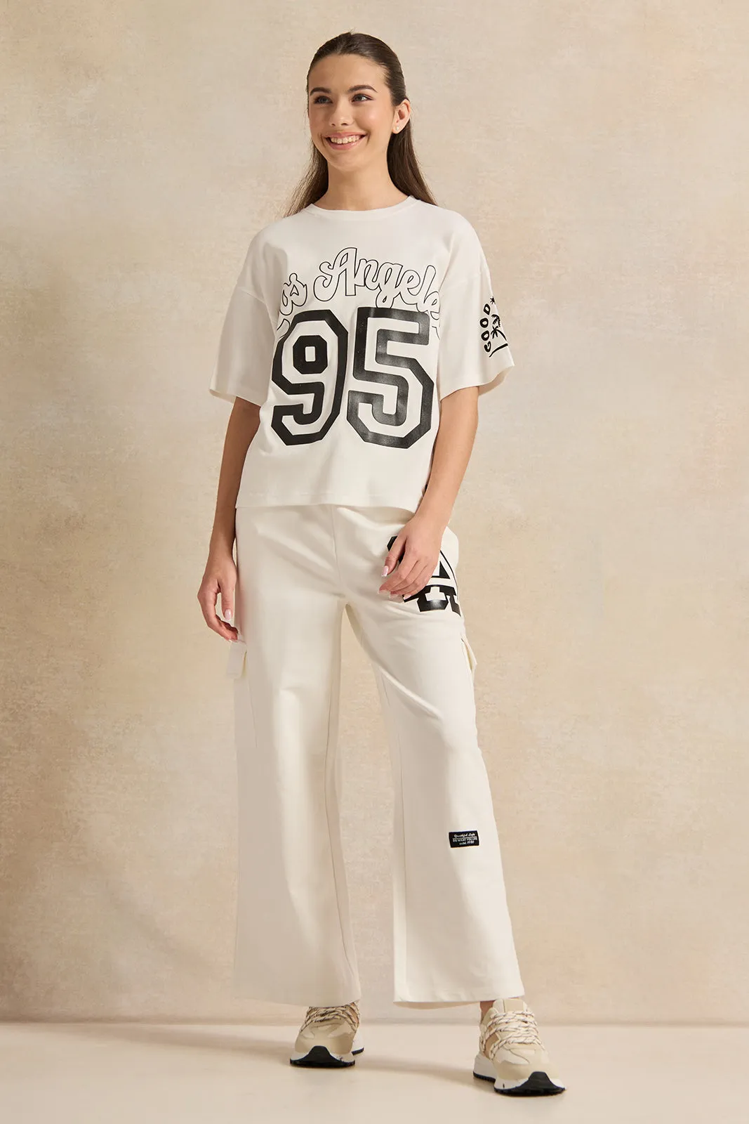Senior Girls White Printed Cargo Pocket Wide Leg Pants