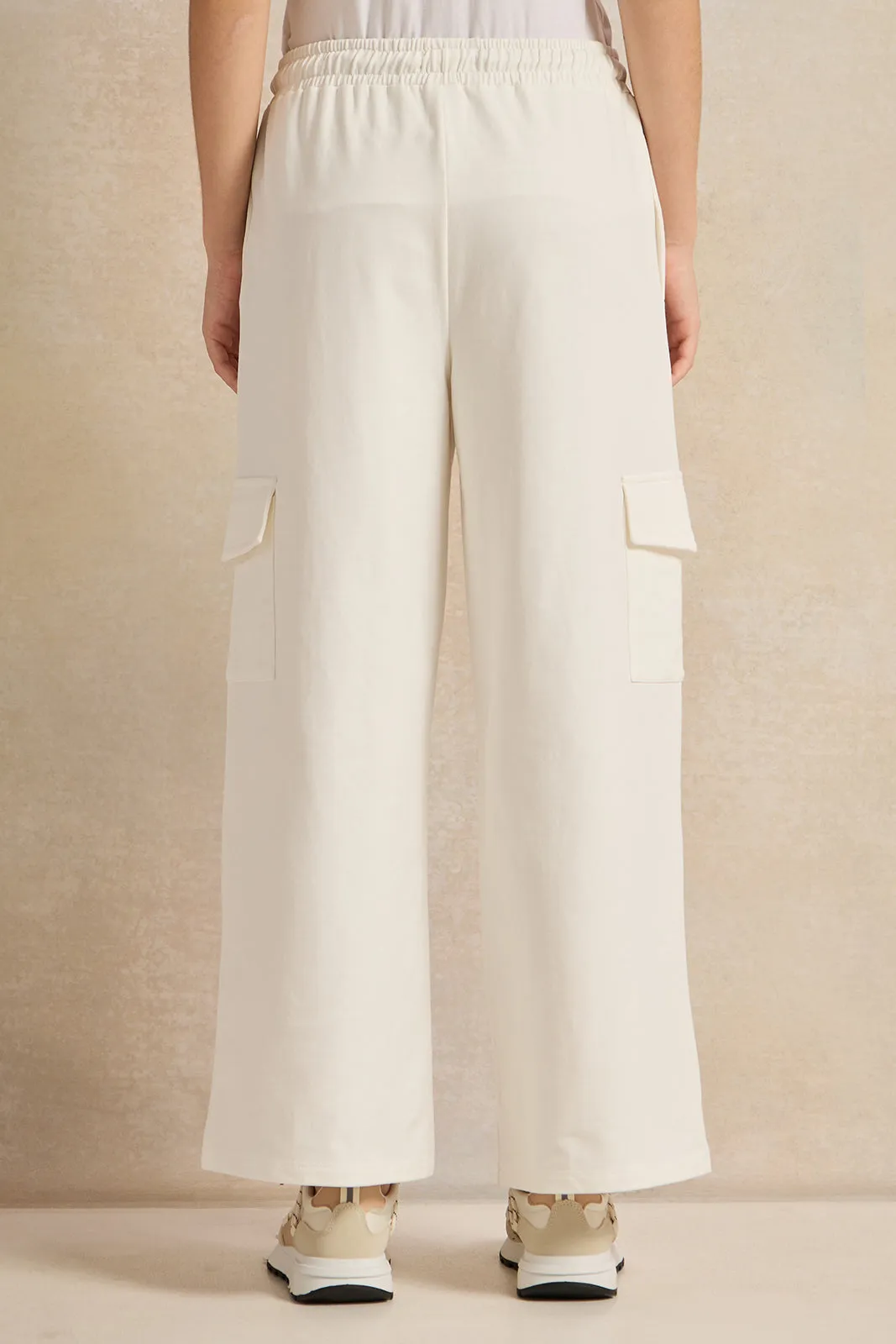 Senior Girls White Printed Cargo Pocket Wide Leg Pants