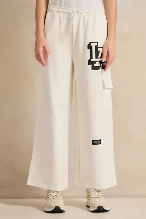 Senior Girls White Printed Cargo Pocket Wide Leg Pants