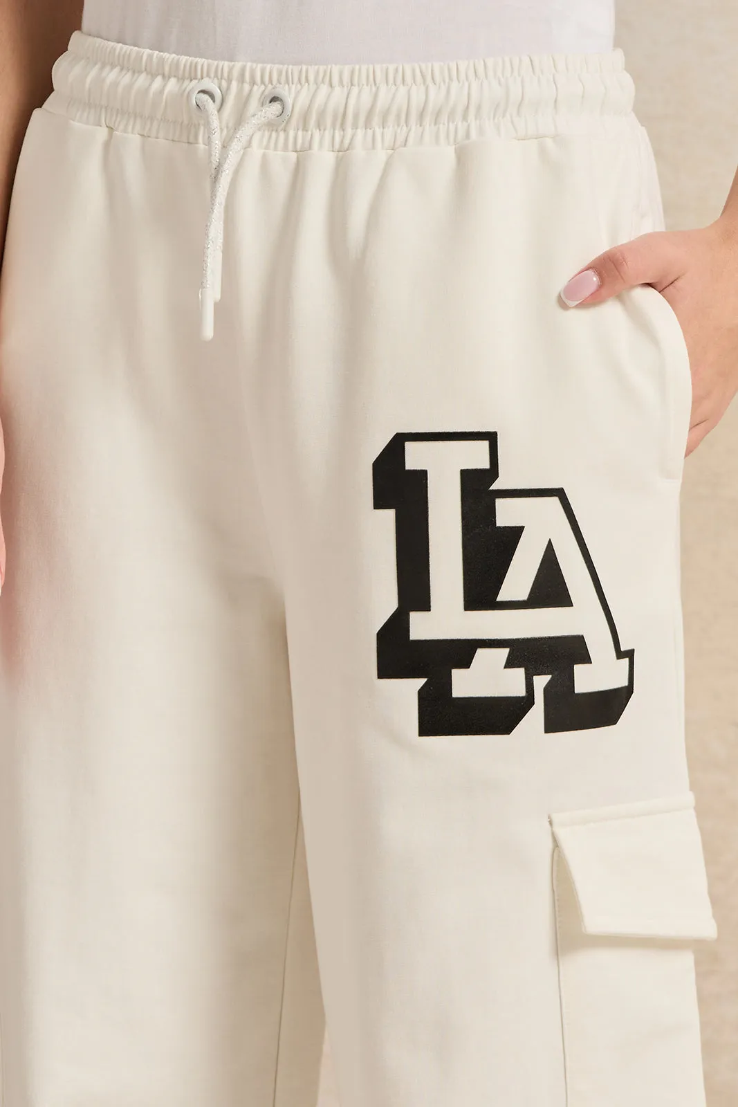Senior Girls White Printed Cargo Pocket Wide Leg Pants
