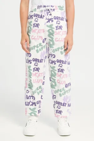 Senior Girls White Printed Track Pants