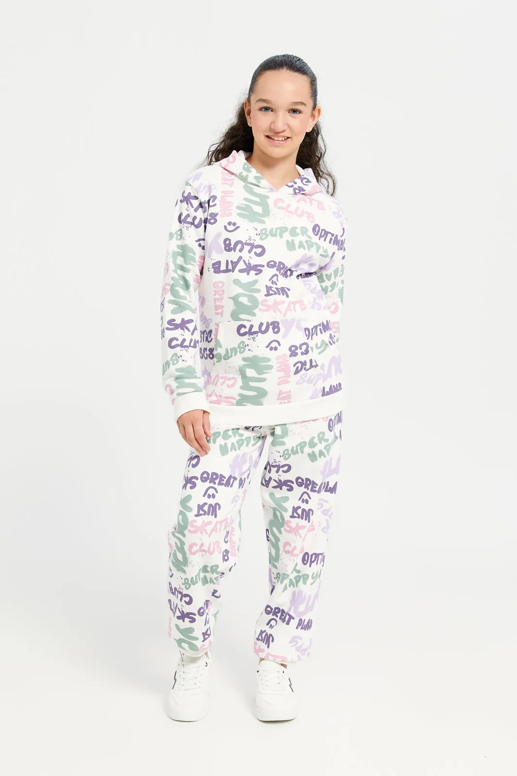 Senior Girls White Printed Track Pants