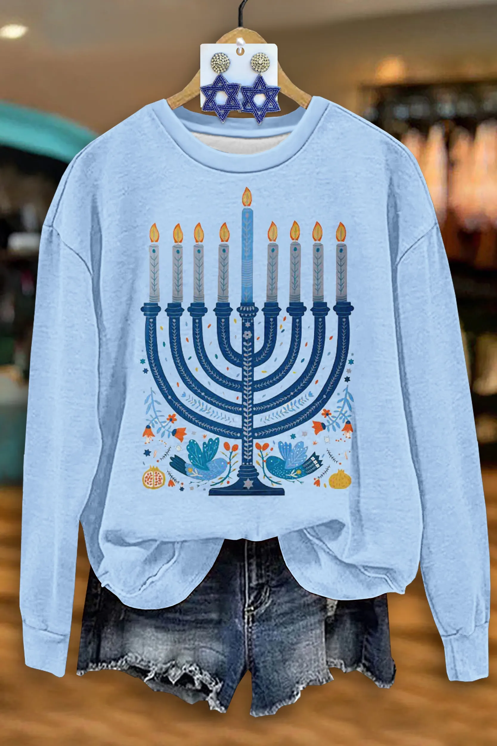 Simple Hanukkah Print Long Sleeve Top
