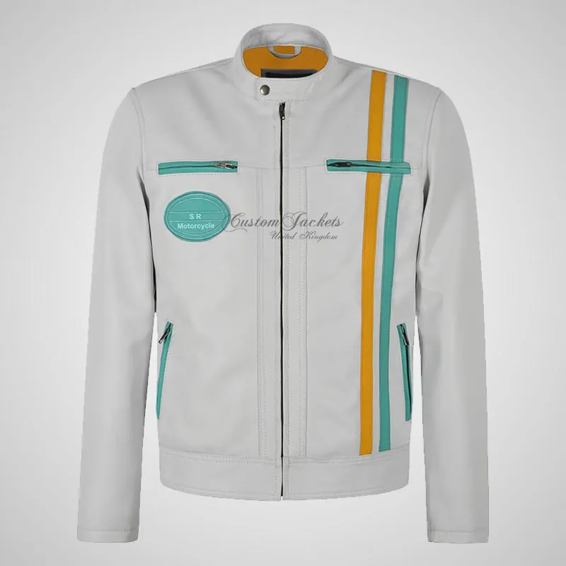 SMART RANGE Men's White Biker Leather Jacket