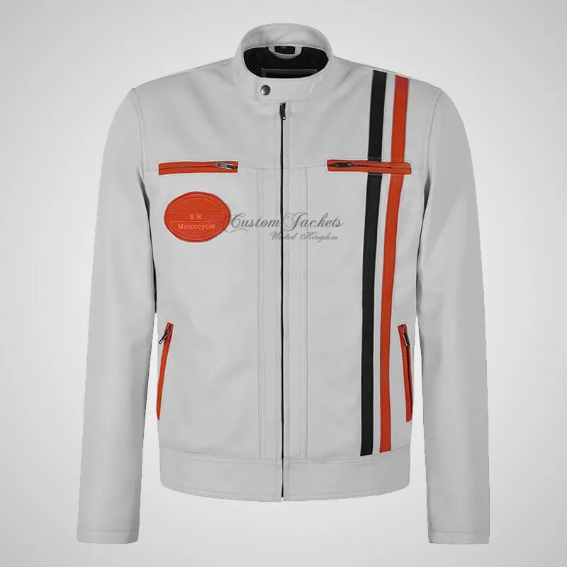 SMART RANGE Men's White Biker Leather Jacket