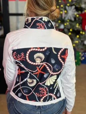 The White Denim Jacket / Navy Shells and Coral