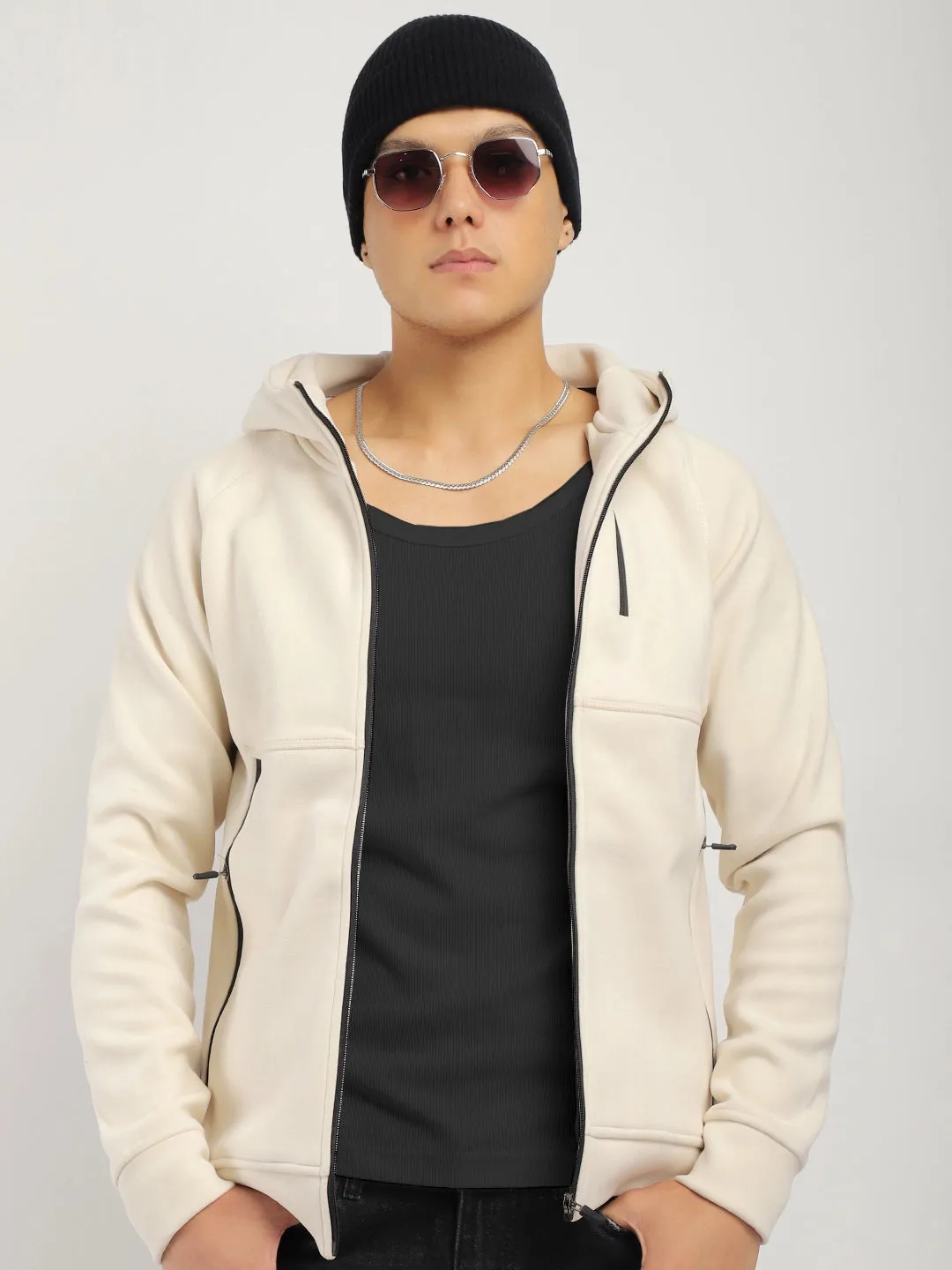 Wayfarer Beige Velvet Zipper Hoodie